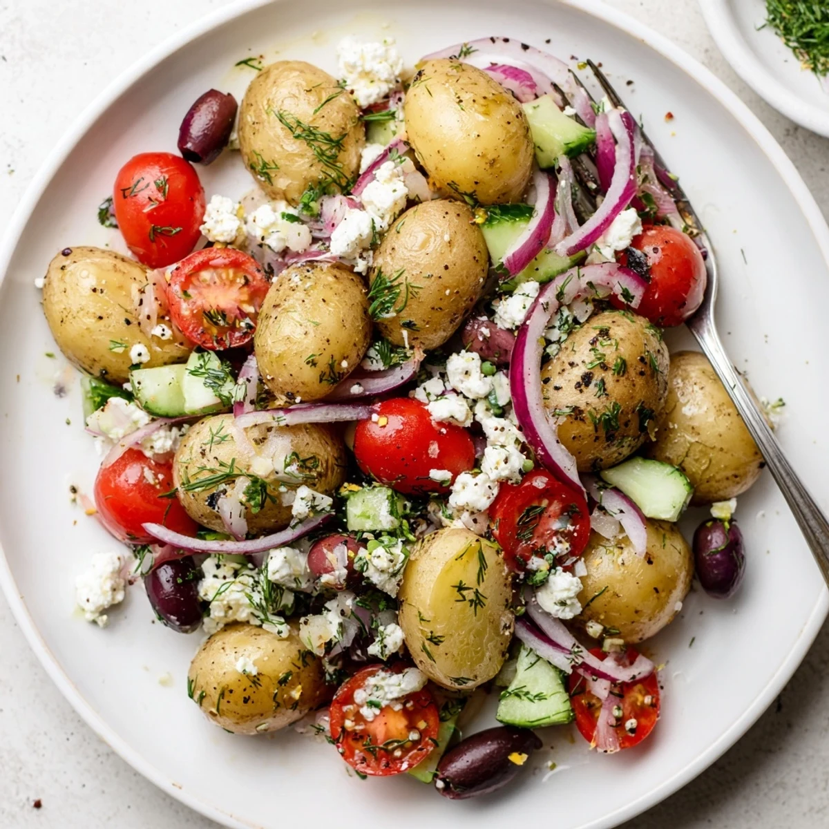 Picnic-ready Olive Greek Potato Salad tossed with crisp cucumbers and tomatoes