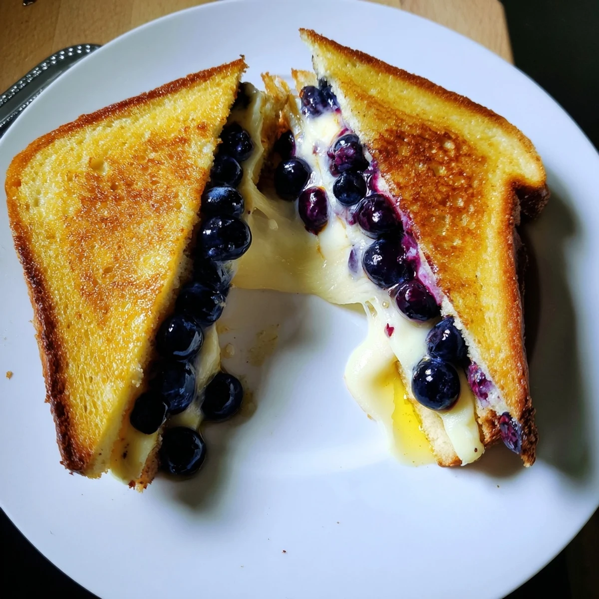 Warm Juicy Blueberry Grilled Cheese sliced in half, steam rising, gooey filling