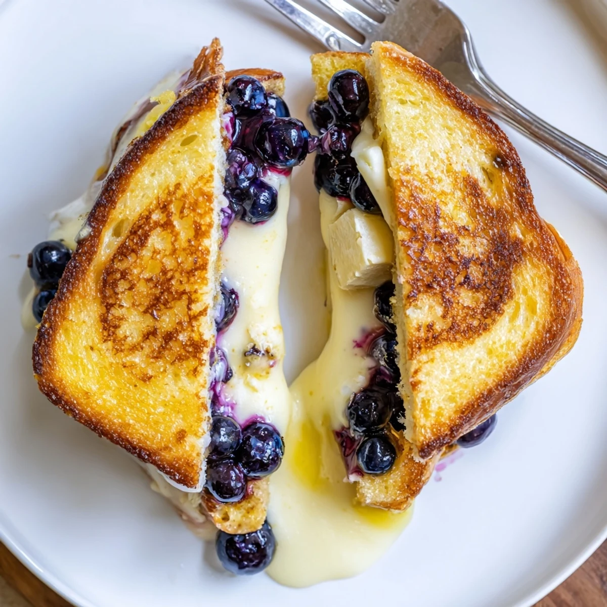 Pan-toasted Juicy Blueberry Grilled Cheese served with tomato soup and fresh basil