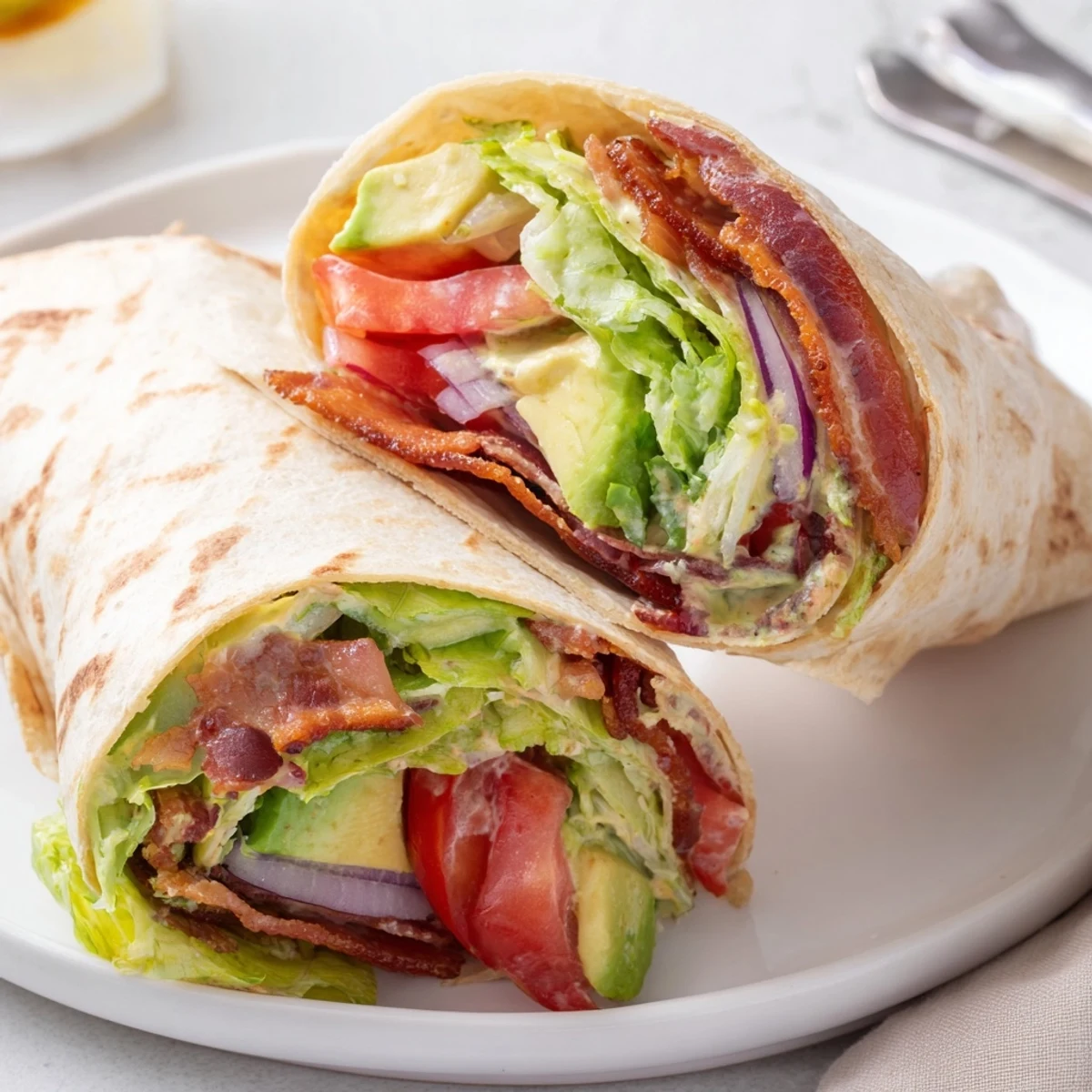 Meal Prep BLT Wraps with crispy bacon, juicy tomatoes, creamy dressing, ready for lunch
