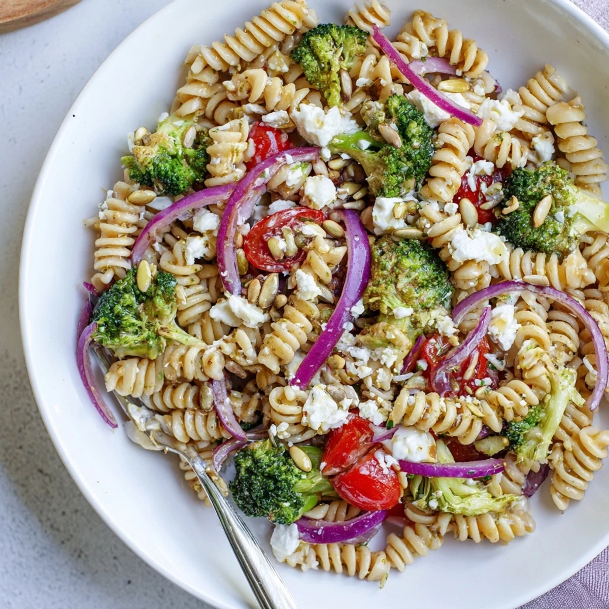 Broccoli Pasta Salad with al dente pasta, bright cherry tomatoes, crisp florets
