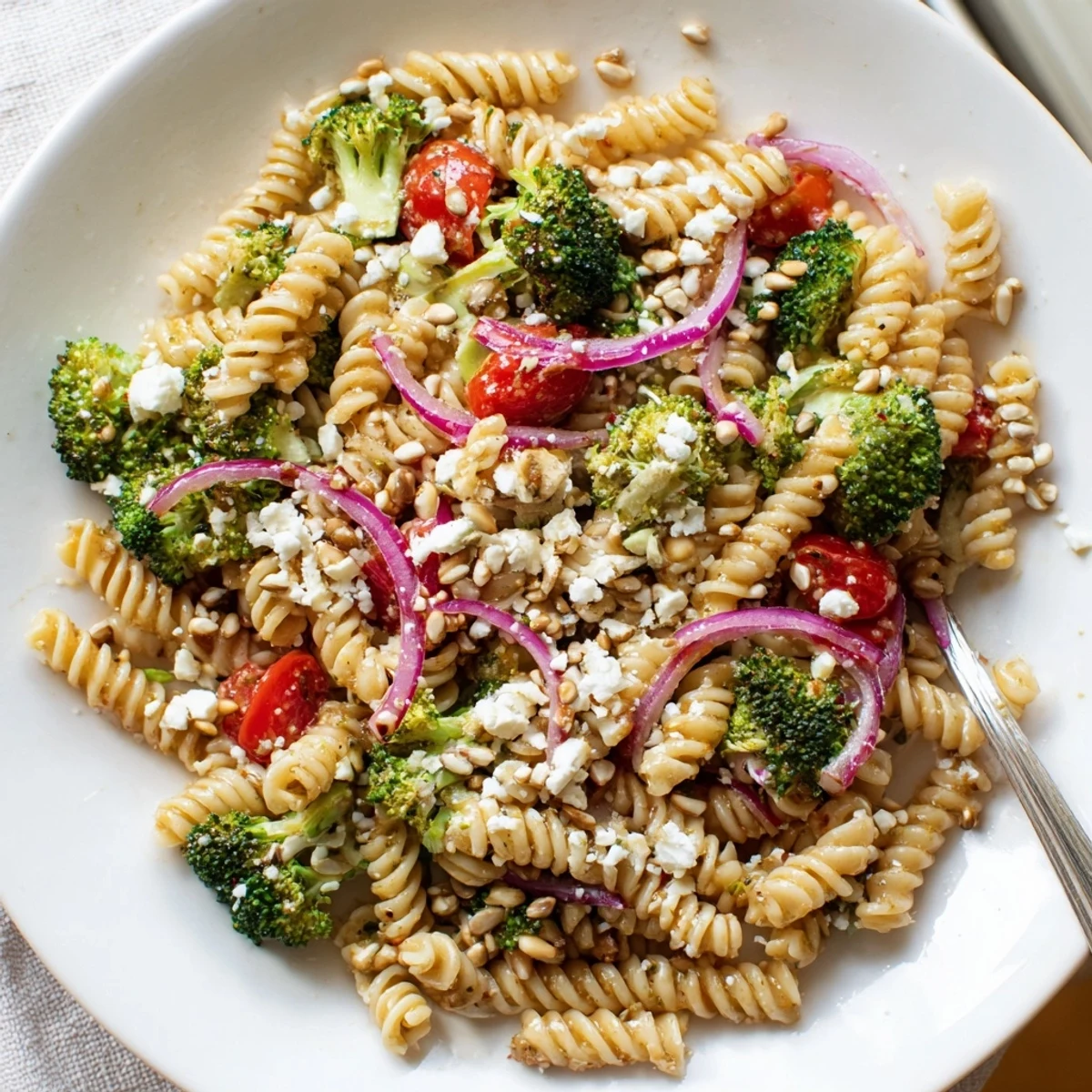Chilled Broccoli Pasta Salad tossed in zesty lemon-Dijon dressing, picnic-ready