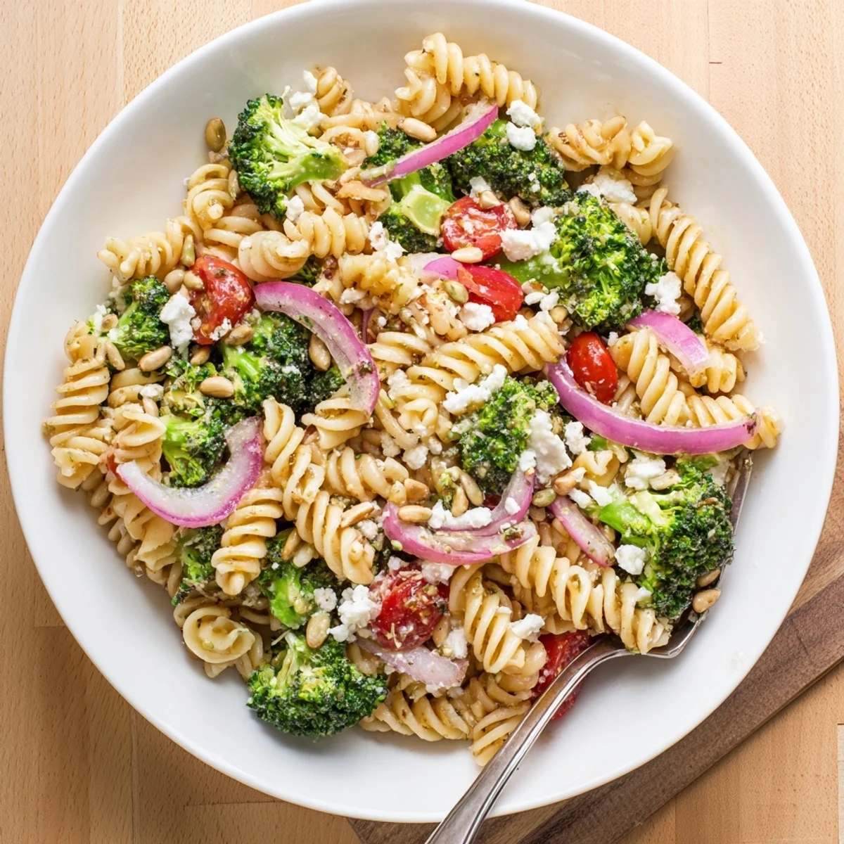 Creamy feta studded Broccoli Pasta Salad served cold, nutty sunflower seeds sprinkled