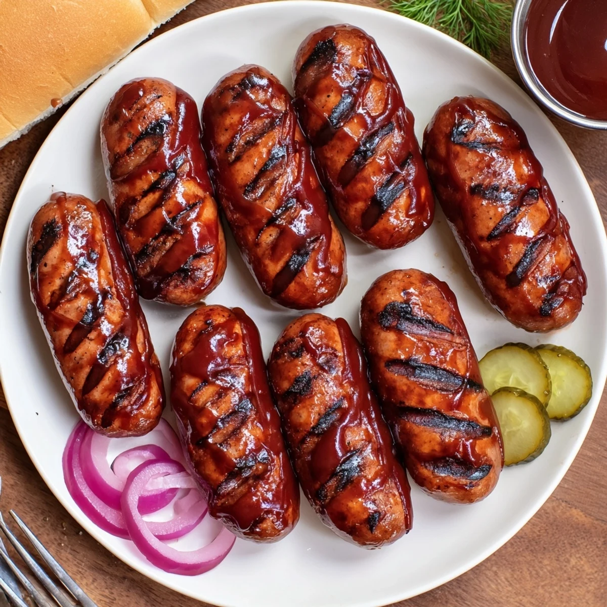Grilled, caramelized BBQ Sausage Recipe on a bun with tangy slaw
