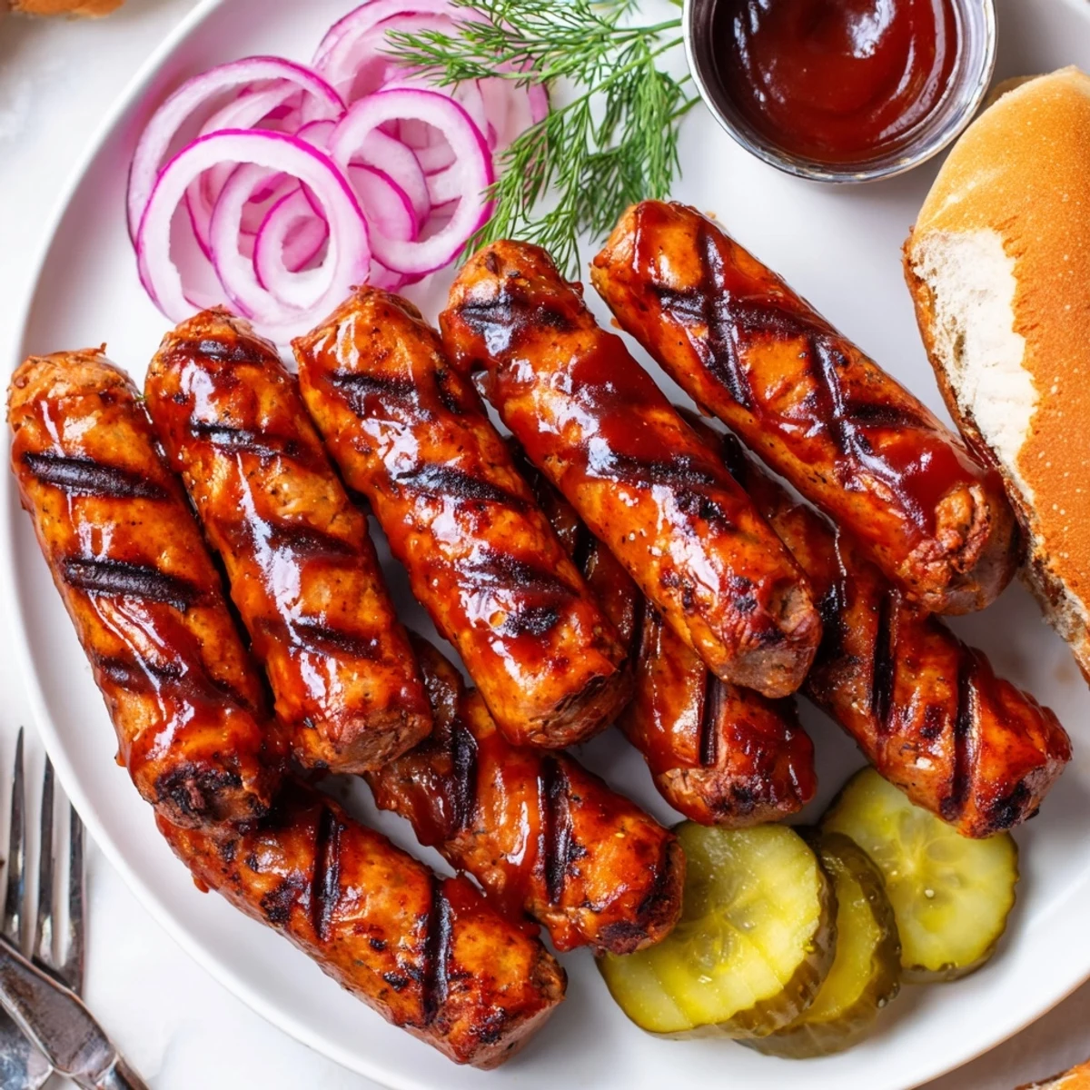 Smoky BBQ Sausage Recipe basted with sticky sauce on hot grill