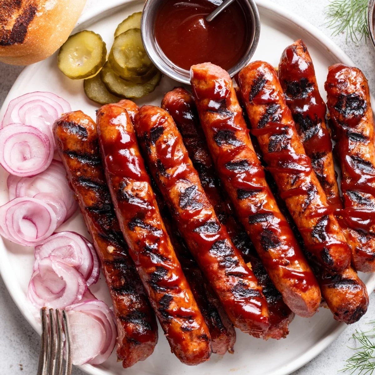 Sizzling BBQ Sausage Recipe served with buttered corn and creamy potato salad
