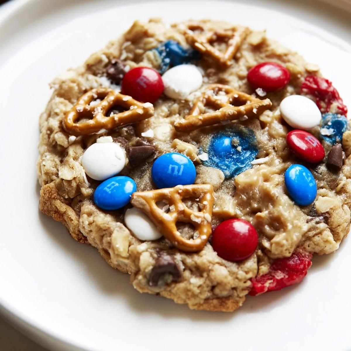 Patriotic Monster Cookies Recipe: chewy oats, peanutty bites studded with red, white, blue candies