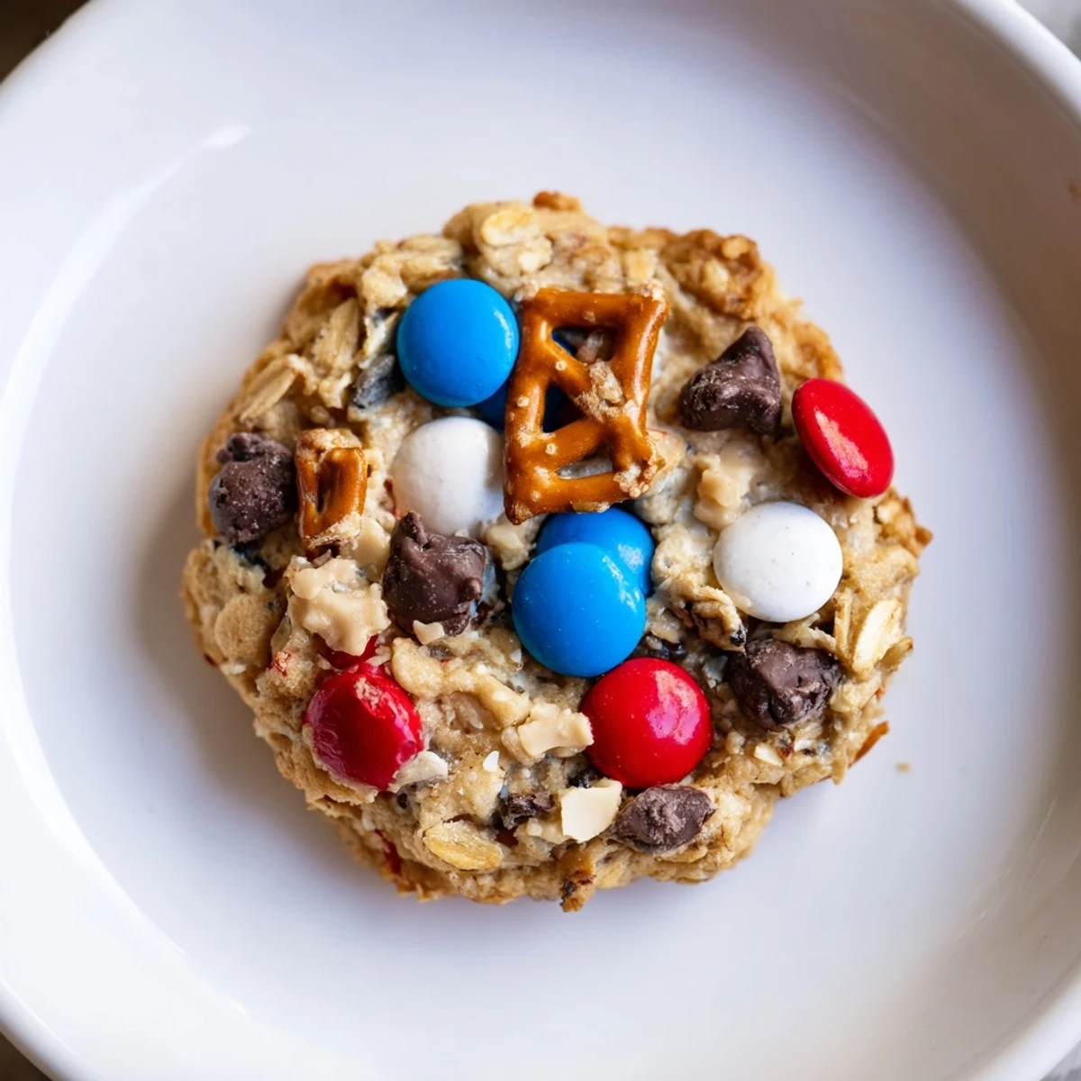 Fresh-baked Patriotic Monster Cookies Recipe on parchment, golden edges, soft, tender centers
