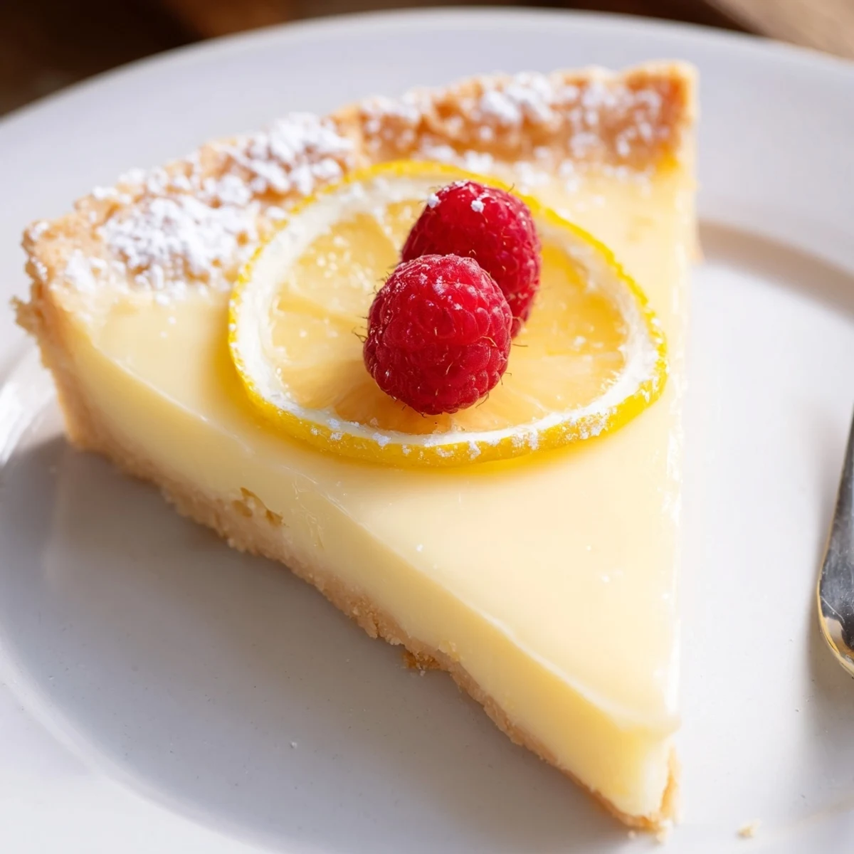 Creamy Lemon Tart Recipe on flaky buttery crust, silky filling, powdered sugar dusting