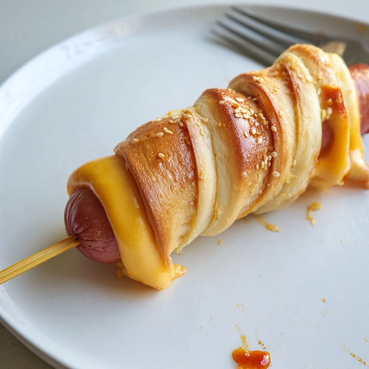 Golden baked Firecracker Hot Dogs on parchment, buttery spiral crust, sesame sprinkles