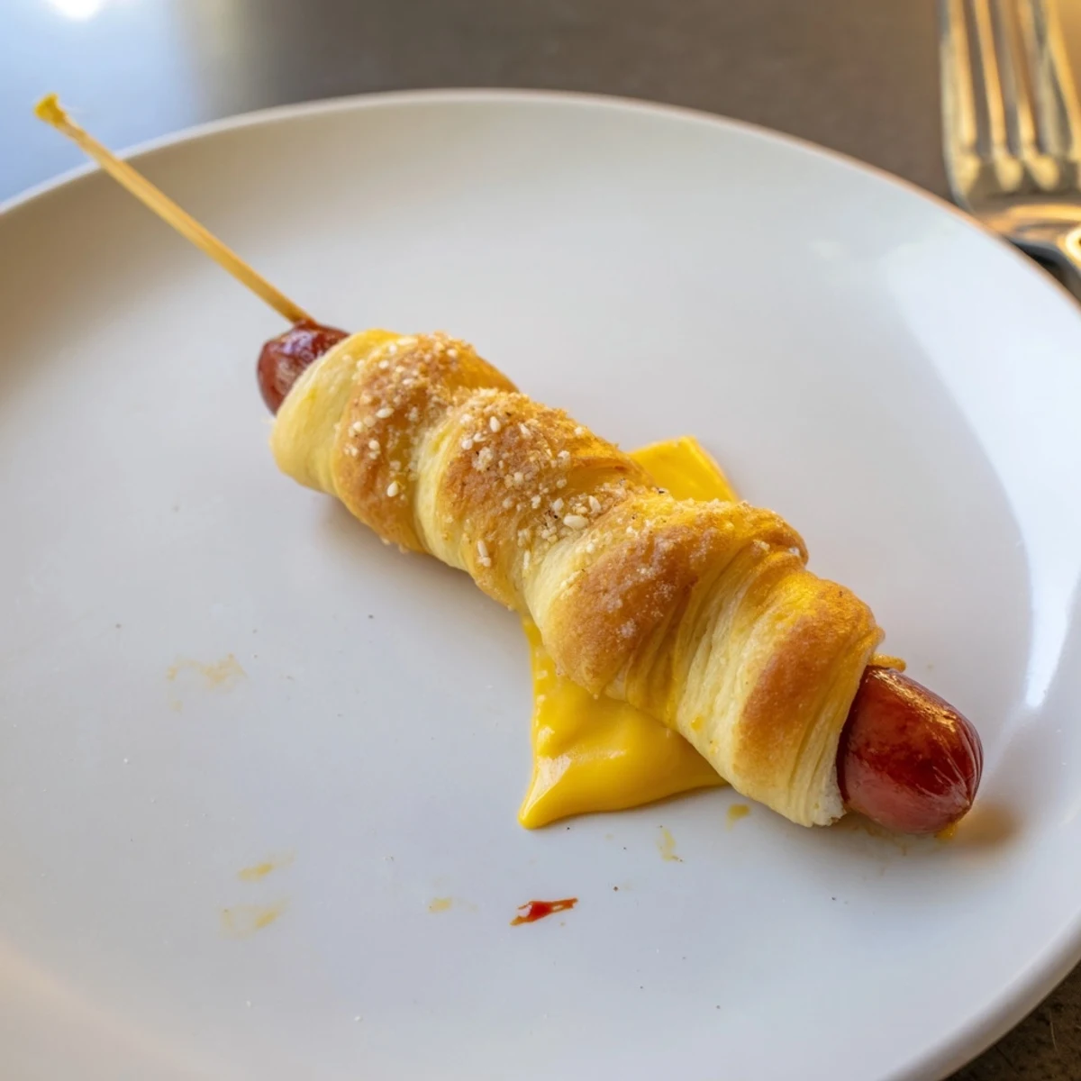 Plate of warm Firecracker Hot Dogs with melty cheddar, mustard dipping sauce