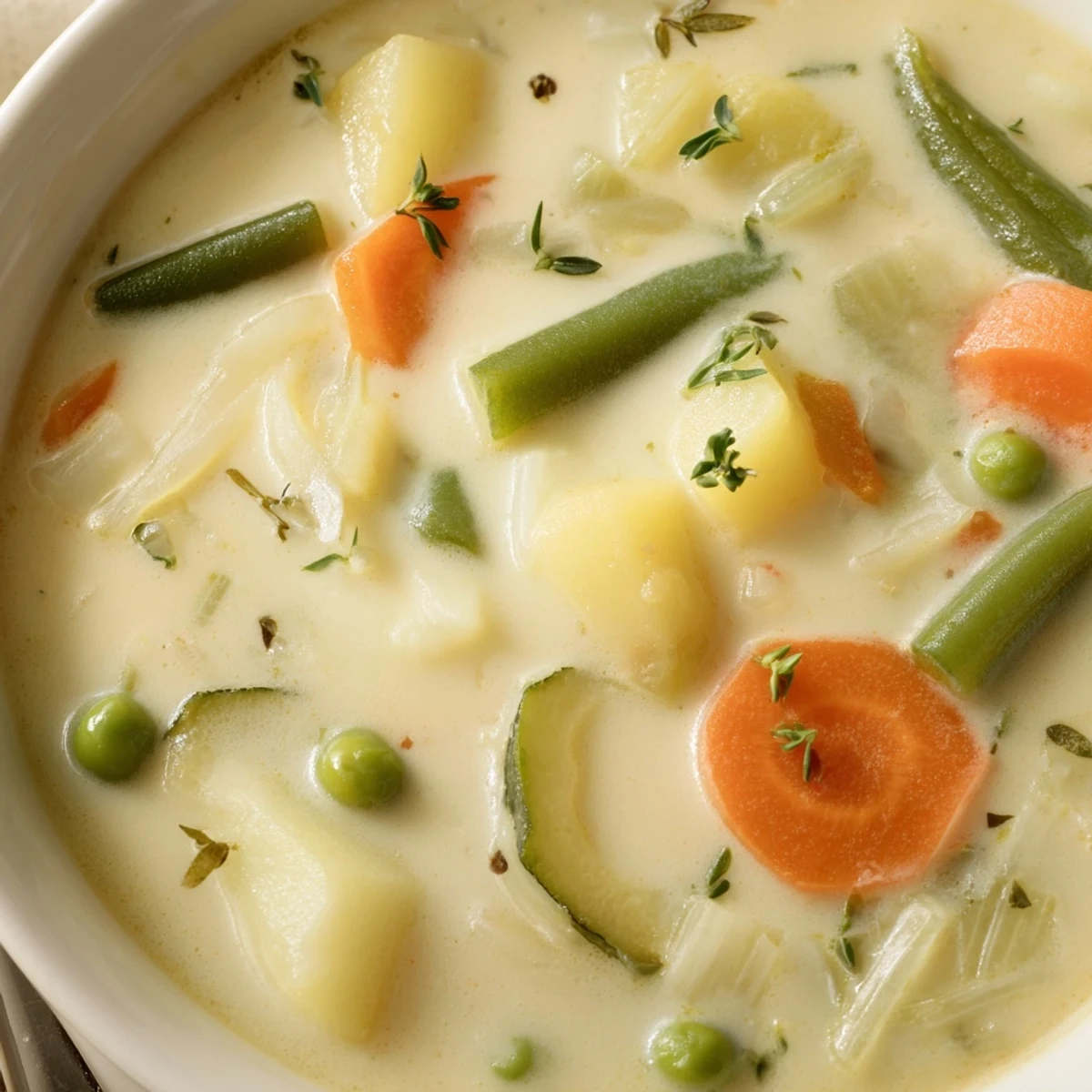 Bowl of Creamy Vegetable Soup Recipe, thick texture, served with crusty bread