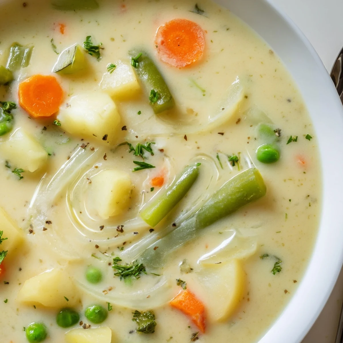 Hearty Creamy Vegetable Soup Recipe steaming in white bowl, carrots visible
