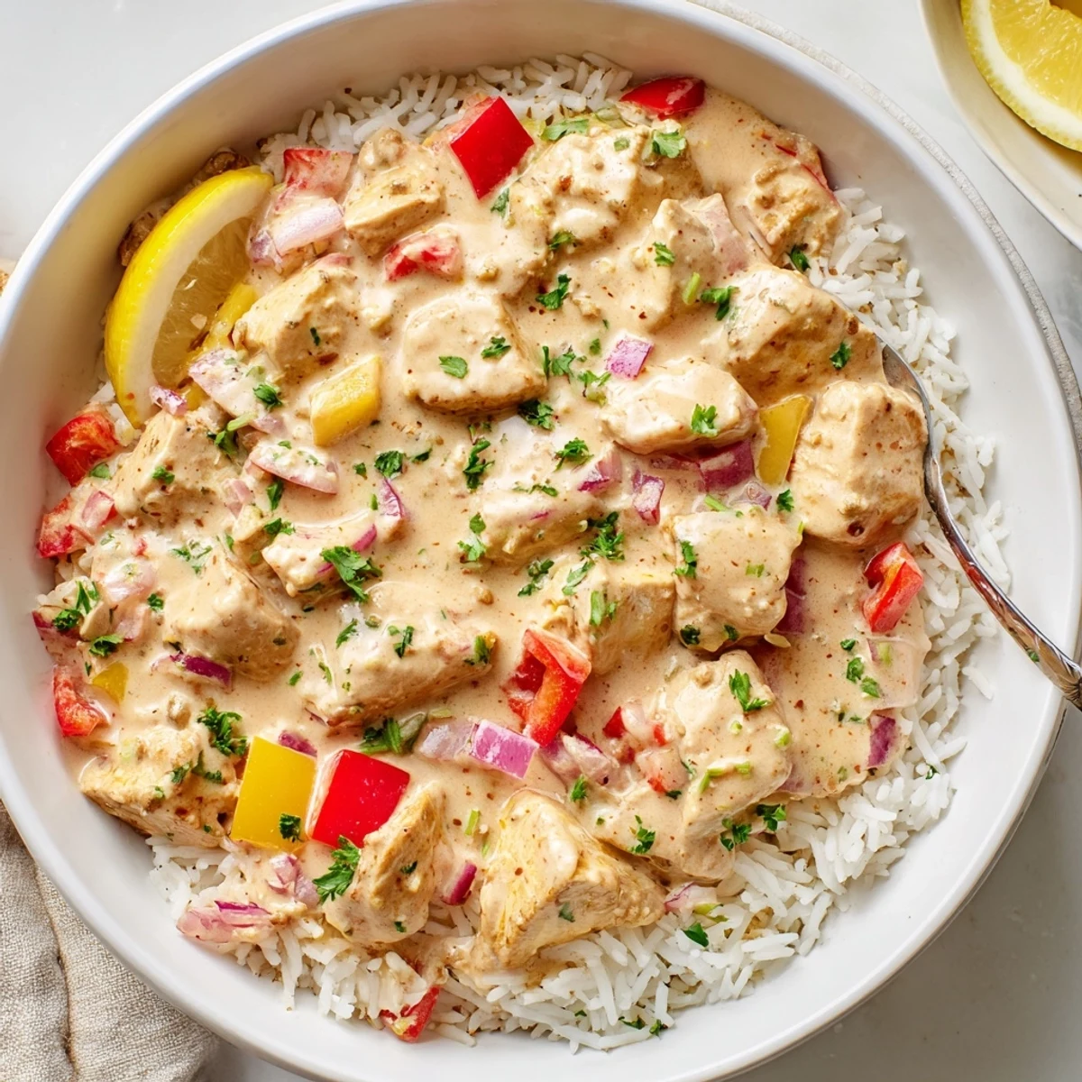 Creamy Cajun Chicken Rice Bowls steaming with tender chicken, colorful peppers, sautéed onions