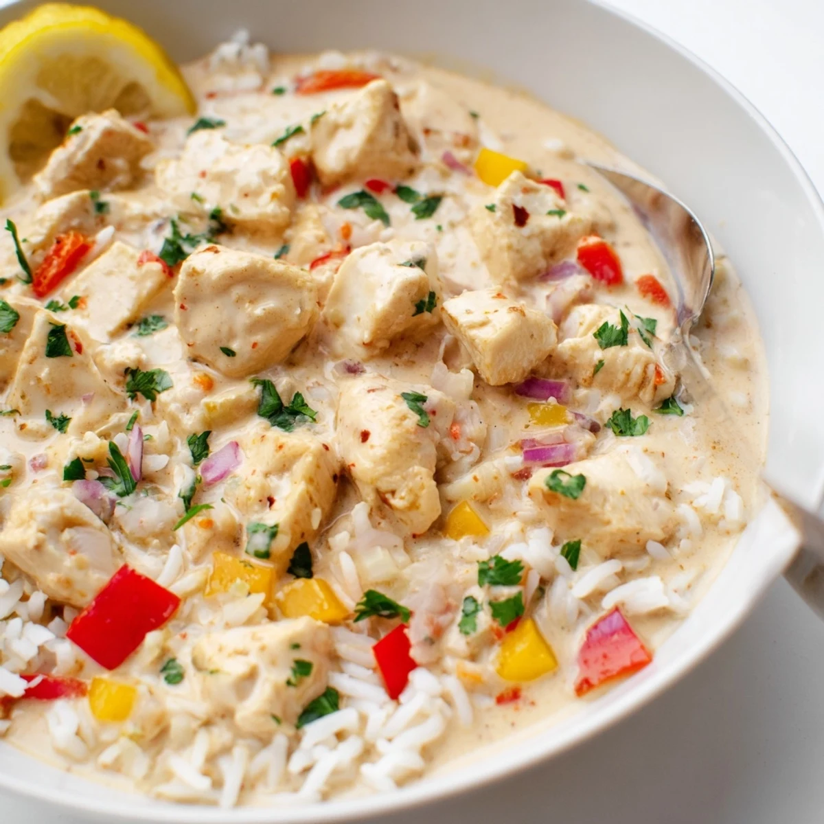 Smoky, silky Creamy Cajun Chicken Rice Bowls served over fluffy white rice
