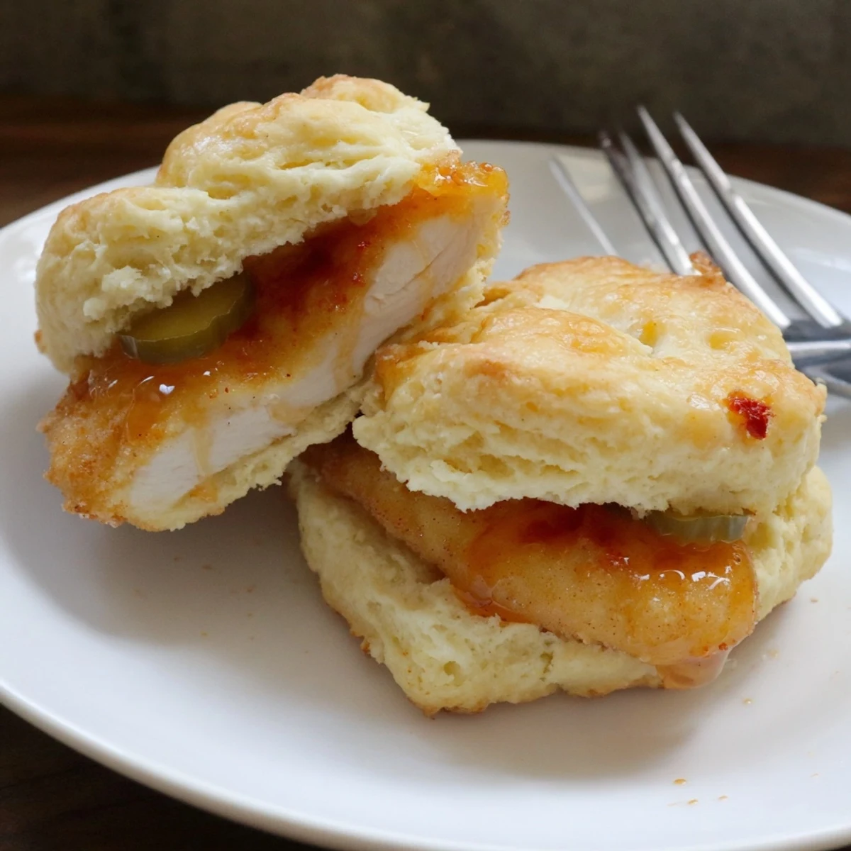 Hot Honey Chicken Biscuits with crispy fried chicken and sticky spicy honey