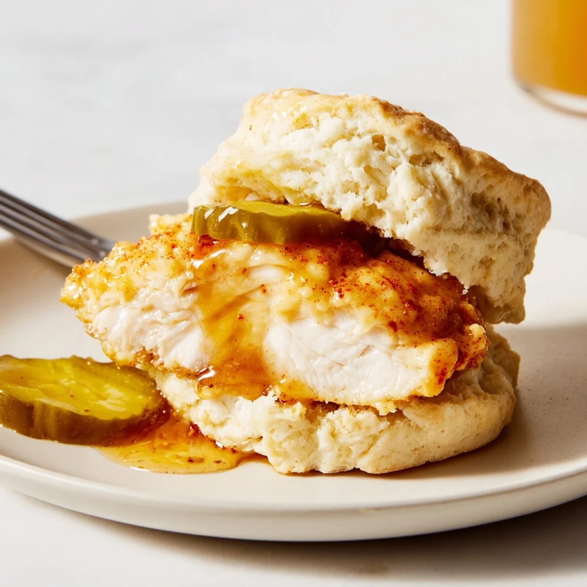 Plated Hot Honey Chicken Biscuits drizzled with smoky honey, ideal for weekend brunch