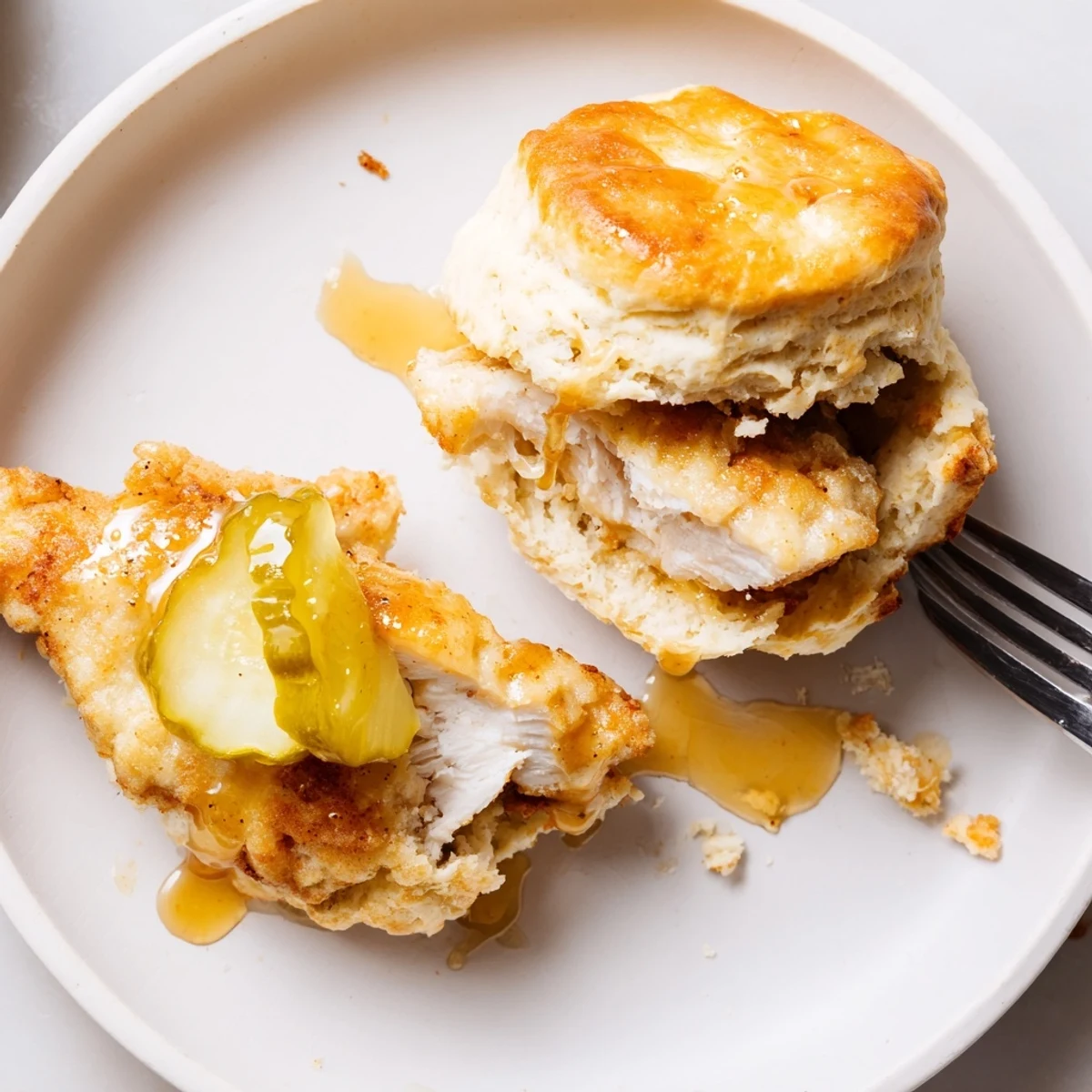 Warm Hot Honey Chicken Biscuits split open, flaky buttermilk layers and tangy pickles