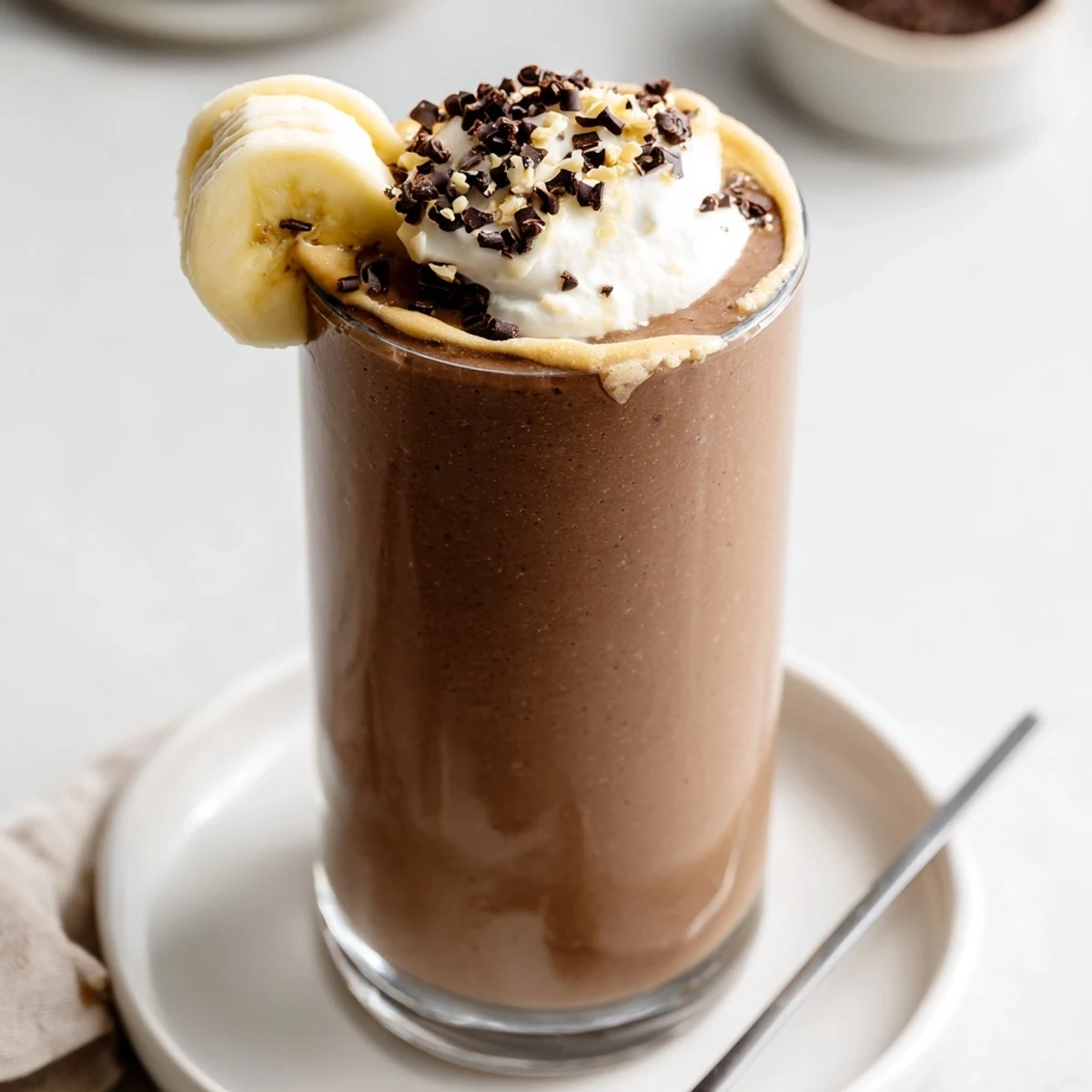 Thick Chocolate Peanut Butter Smoothie topped with whipped cream and chocolate shavings