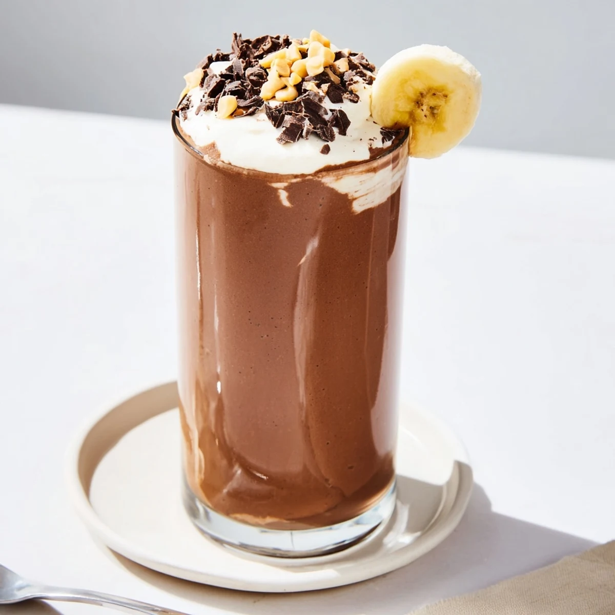 Creamy Chocolate Peanut Butter Smoothie poured into two glasses for breakfast