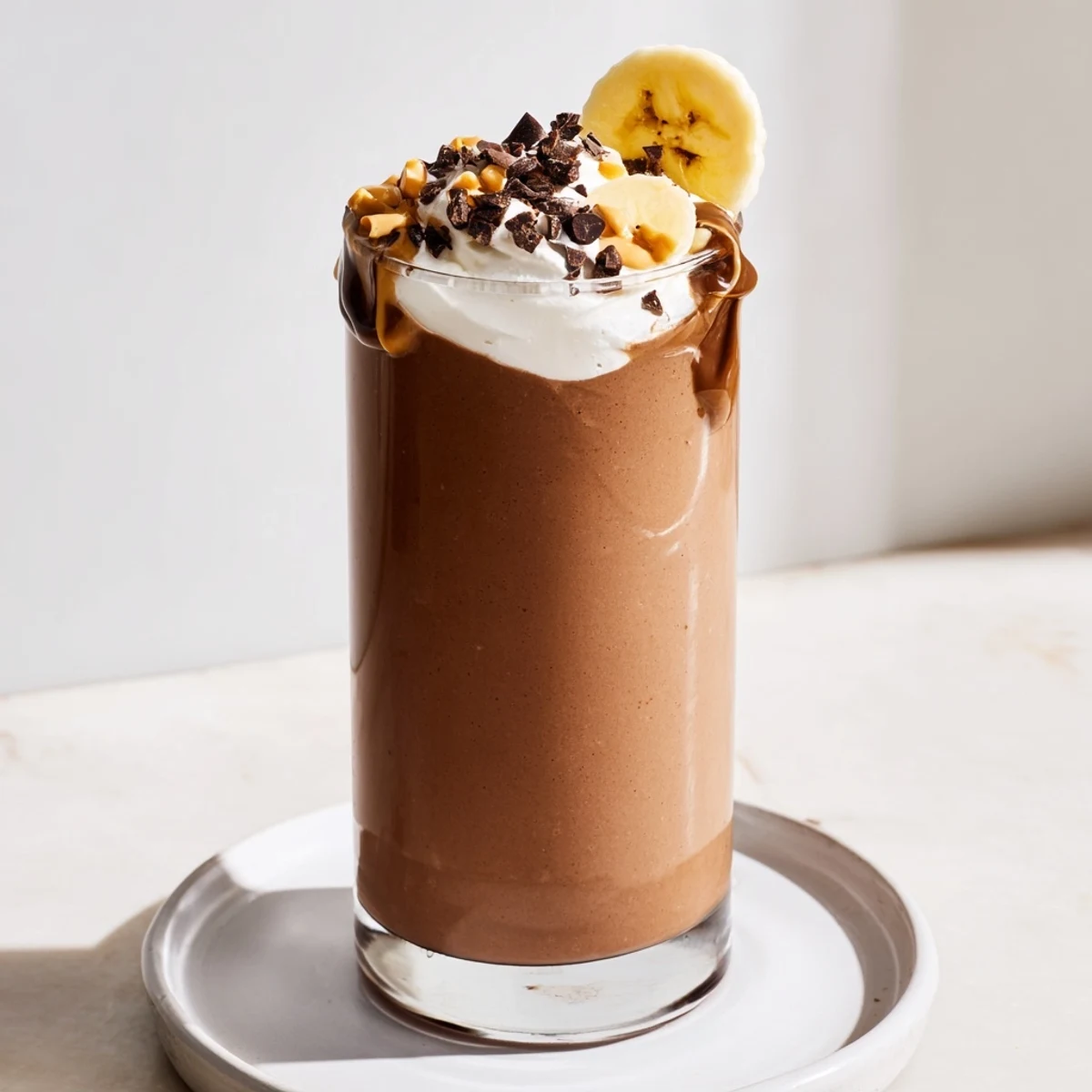 Cold, nutty Chocolate Peanut Butter Smoothie with banana creaminess and crushed peanuts