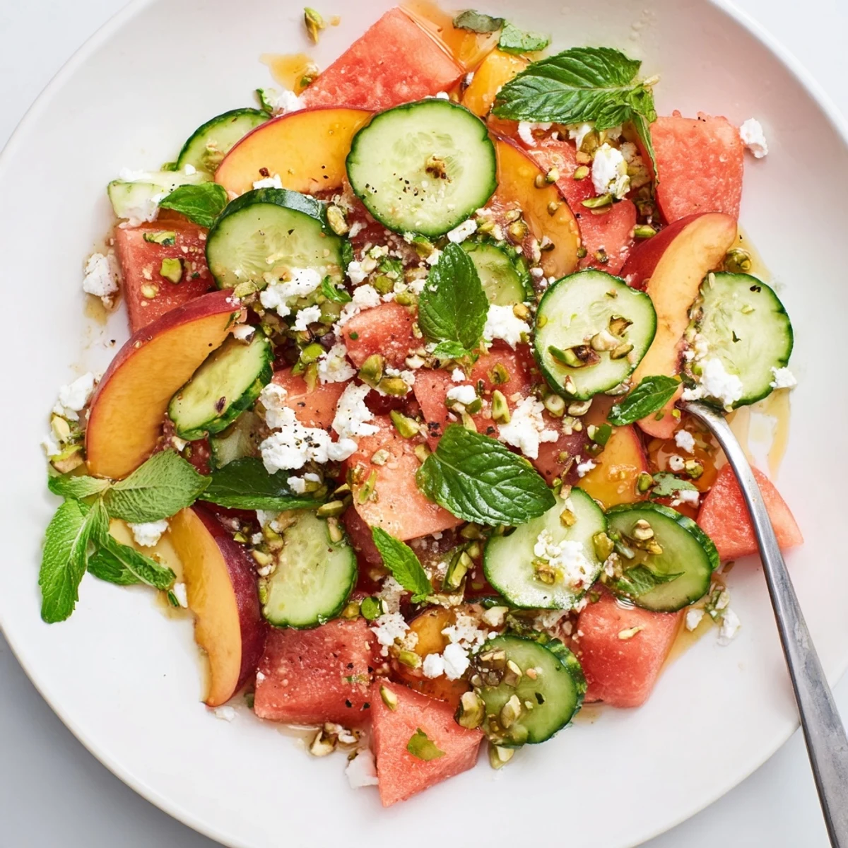 Summer Peach Watermelon Salad piled in a bowl, juicy, fragrant, honey lime sheen