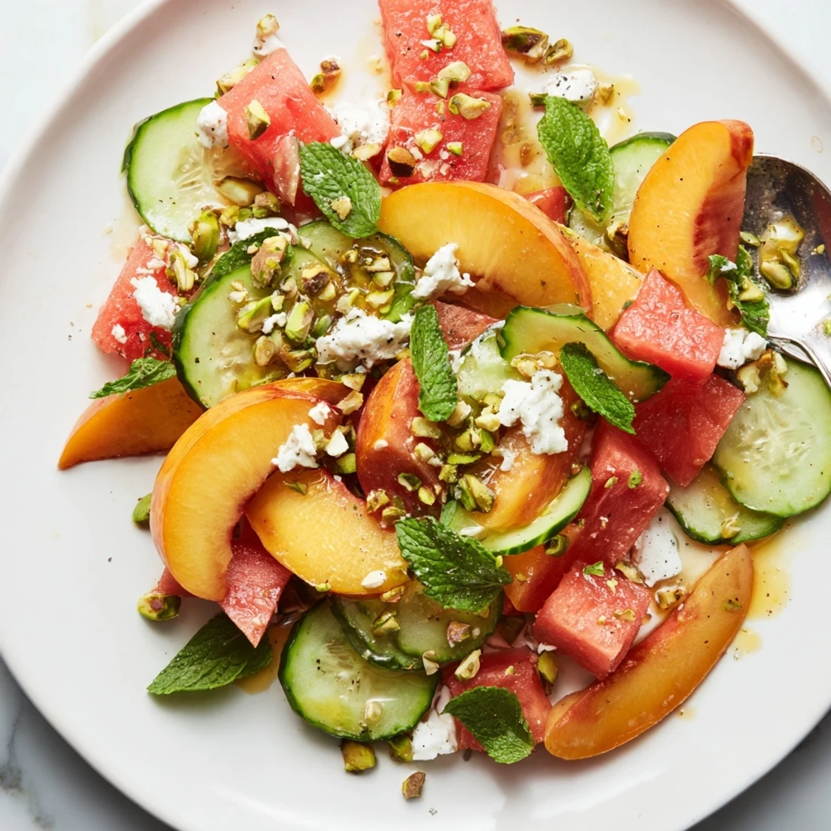 Bright Summer Peach Watermelon Salad tossed with mint, feta, and crisp cucumber