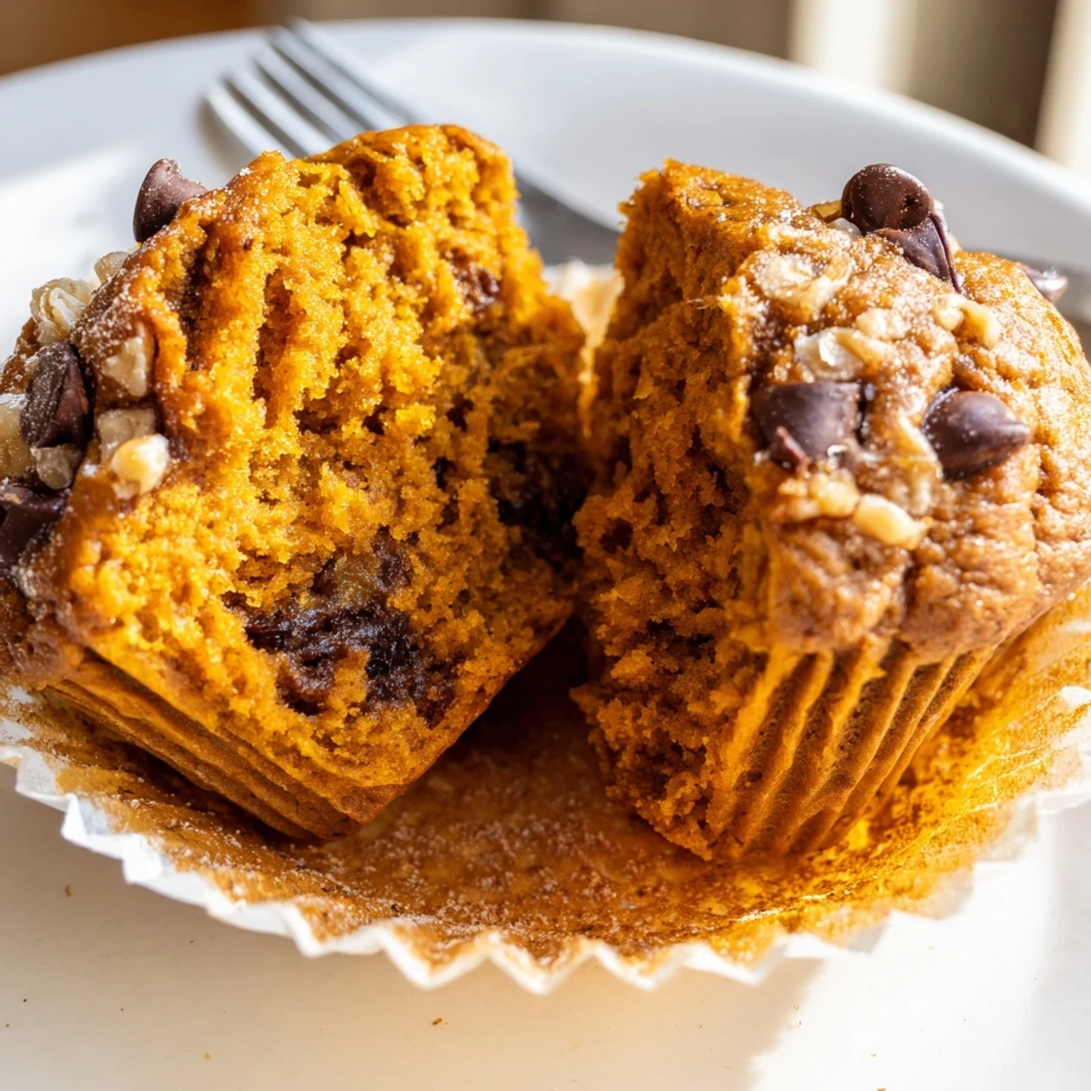 Pumpkin Banana Muffins studded with chocolate chips and toasted pecans, breakfast-ready.