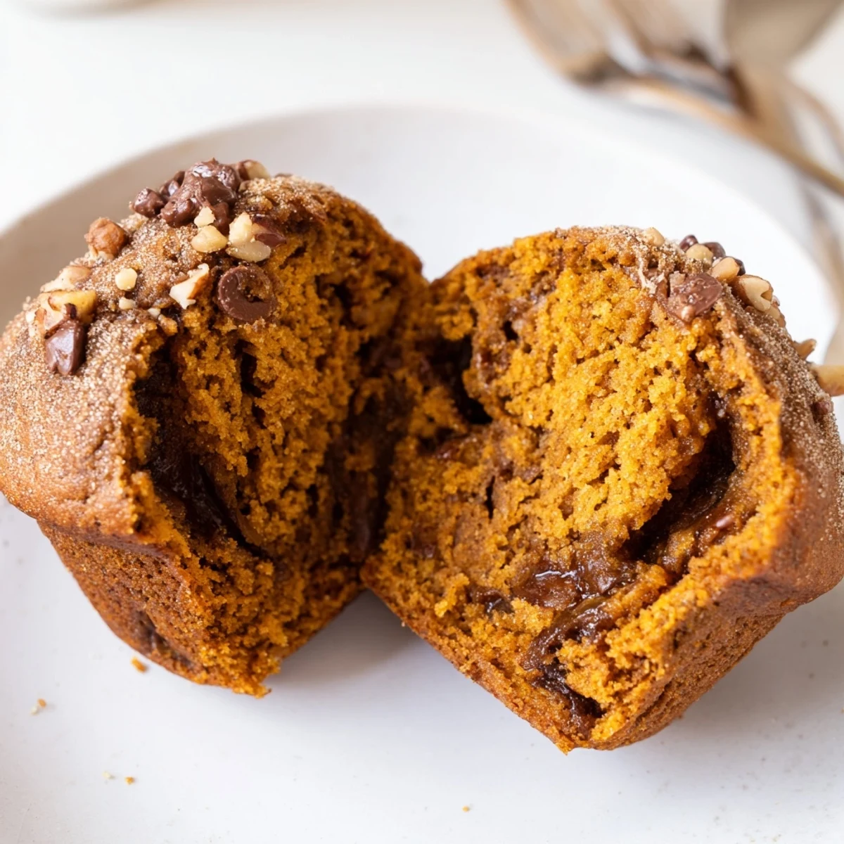Slice-open Pumpkin Banana Muffins revealing tender, spiced crumb; perfect with coffee.