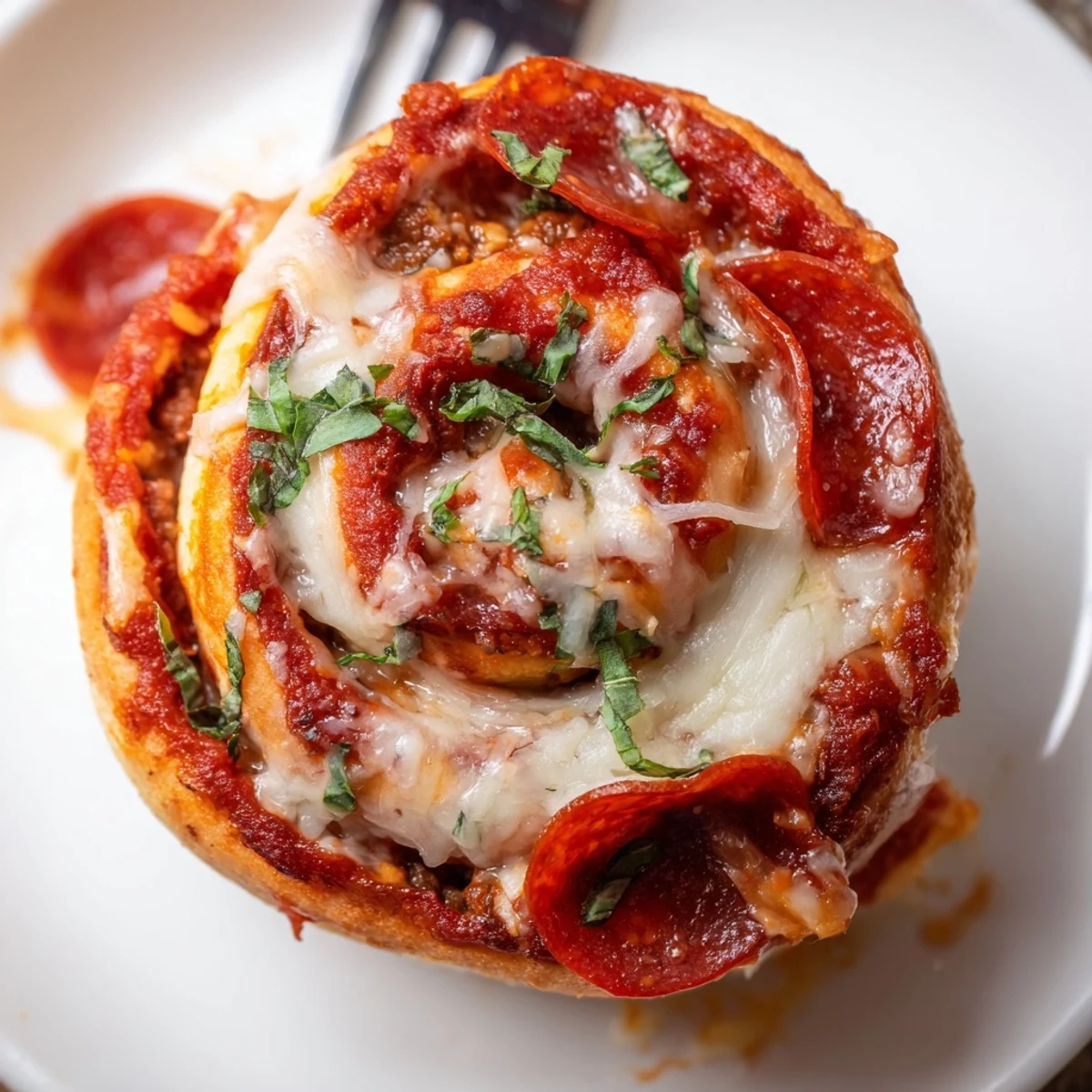 Warm, bite-sized Cheesy Beef Pepperoni Pizza Roll Ups Snack Recipe on parchment paper