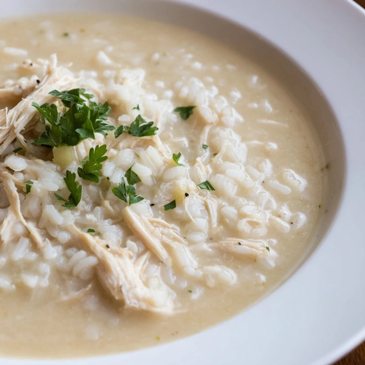 Bowl of Creamy Chicken Rice Soup garnished with parsley, served with bread.