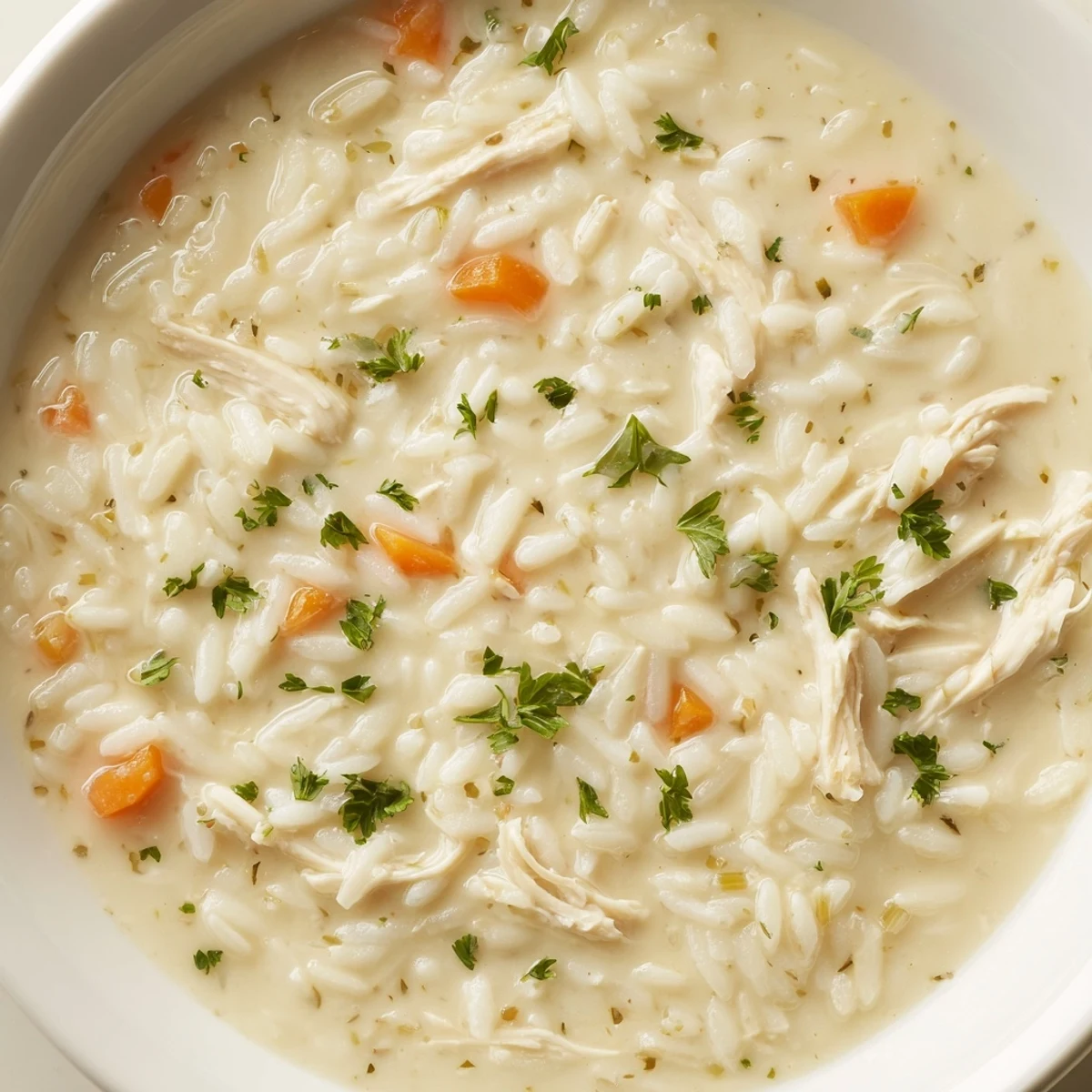 Creamy Chicken Rice Soup steaming in bowl, tender chicken and fragrant thyme.