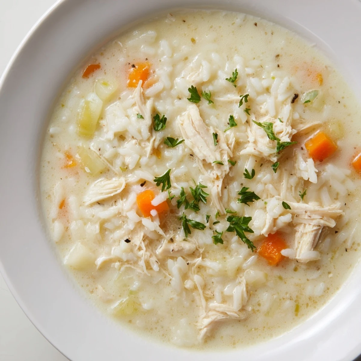 Late-night comfort: Creamy Chicken Rice Soup with velvety broth and carrots.
