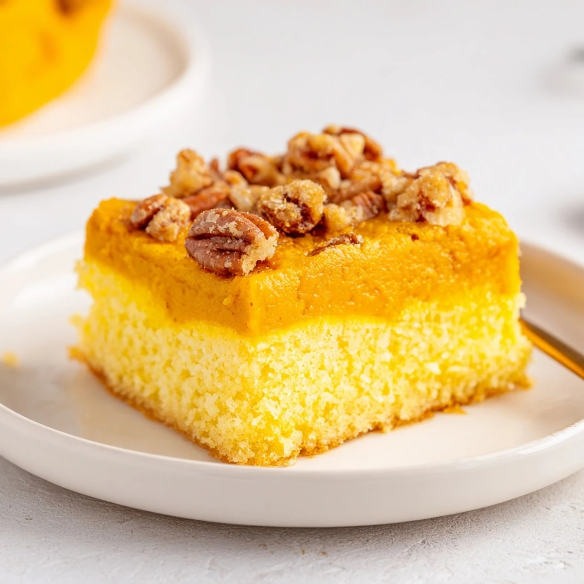 Pumpkin Dump Cake bubbling golden with crunchy pecan topping, served warm.