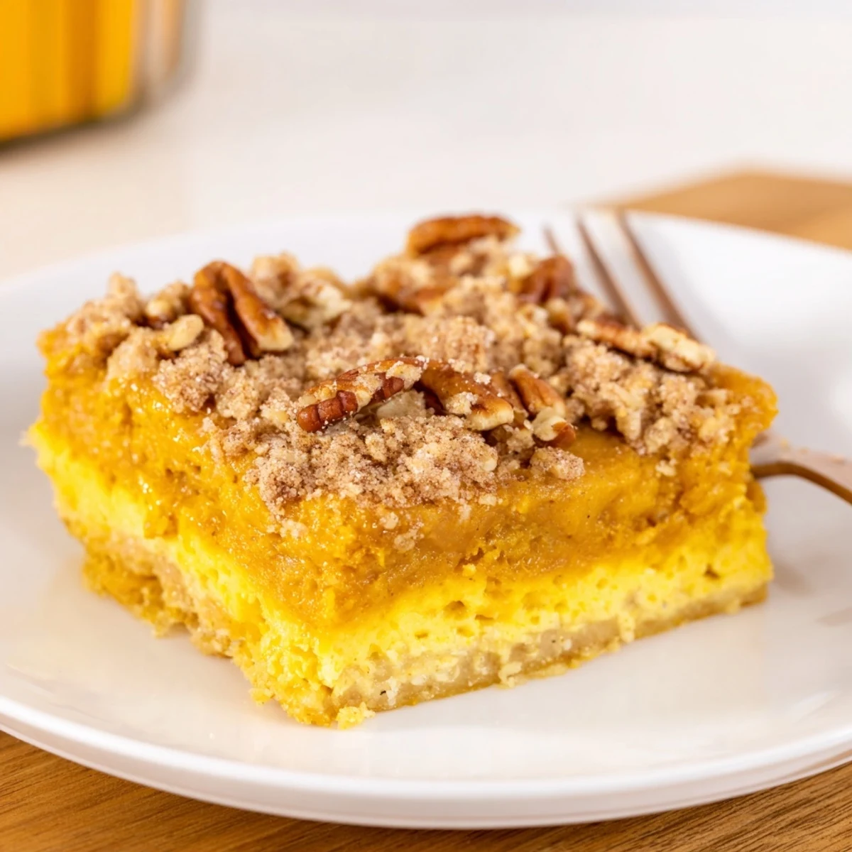 Plate of Pumpkin Dump Cake with vanilla ice cream and cinnamon aroma.