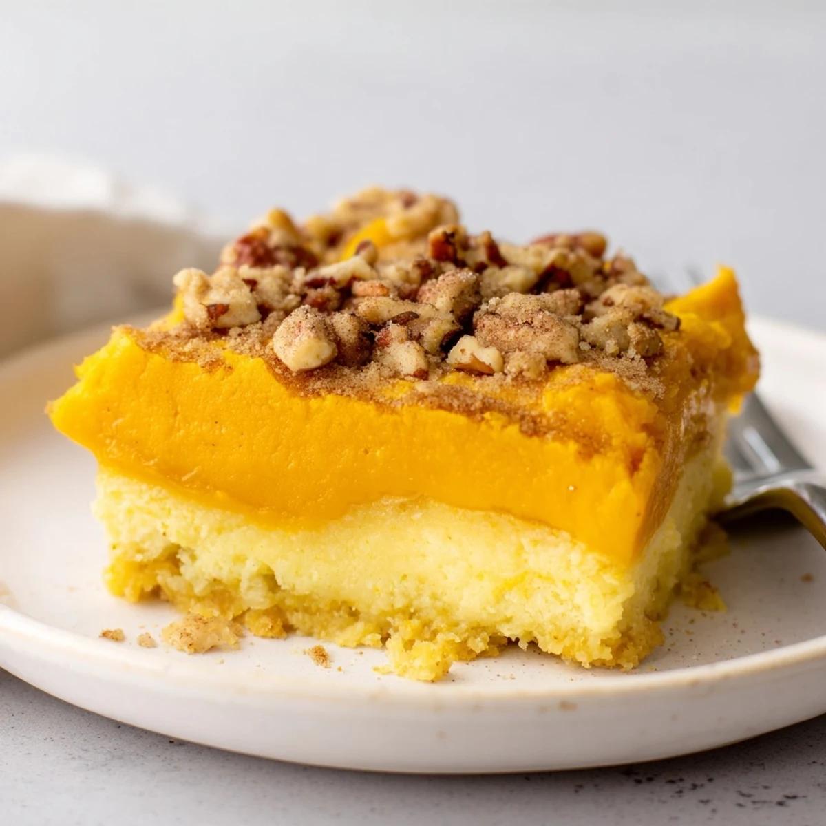 Pumpkin Dump Cake cooling in a 9x13 pan, butter-scented, ready to slice.