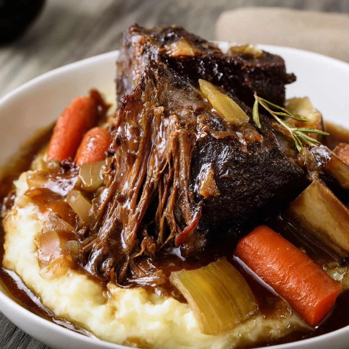 Slow Cooker Beef Short Ribs served over creamy mashed potatoes, aromatic gravy