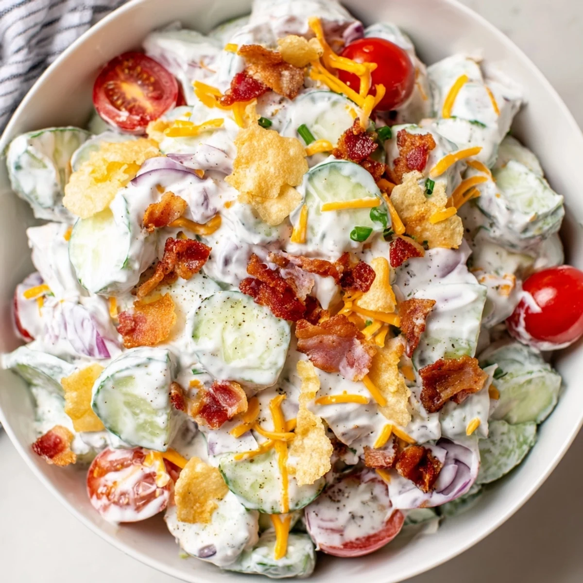 Cucumber Ranch Crack Salad piled in bowl with crunchy bacon and chips