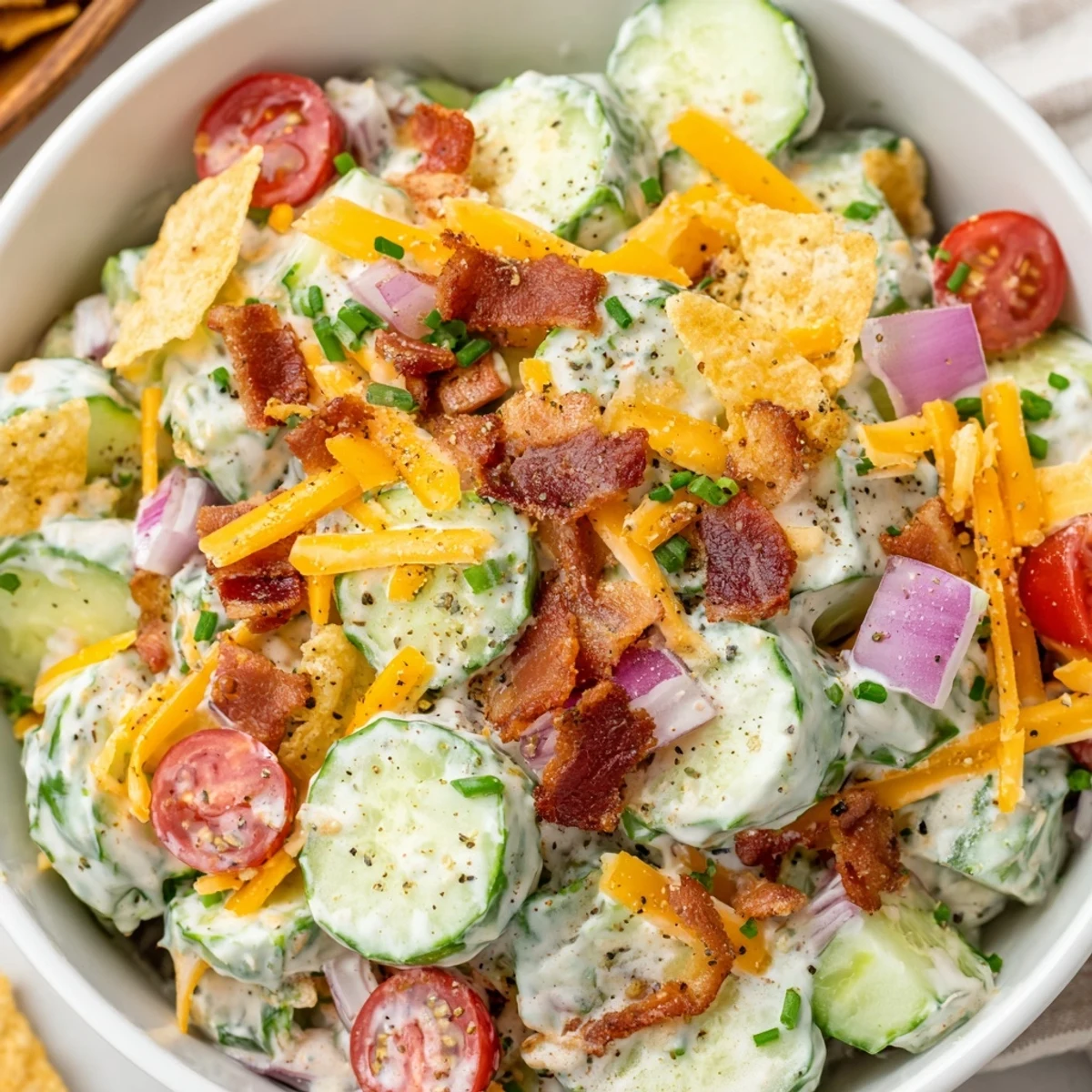 Bright Cucumber Ranch Crack Salad tossed in ranch dressing, served chilled