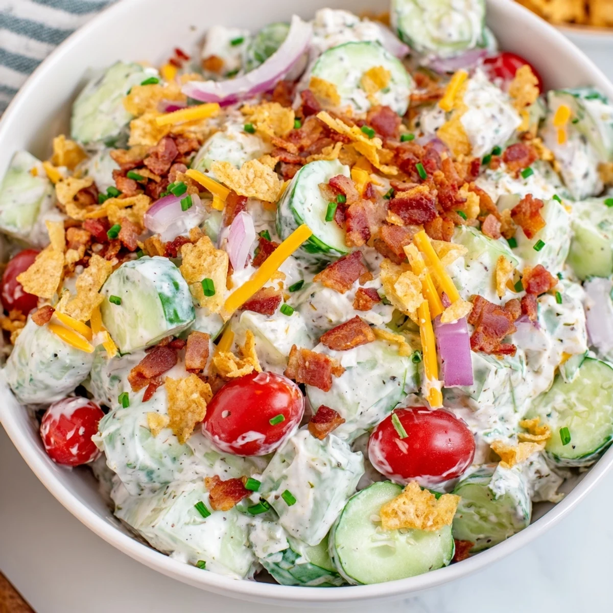 Creamy Cucumber Ranch Crack Salad glistening with cheddar, chives, picnic-ready
