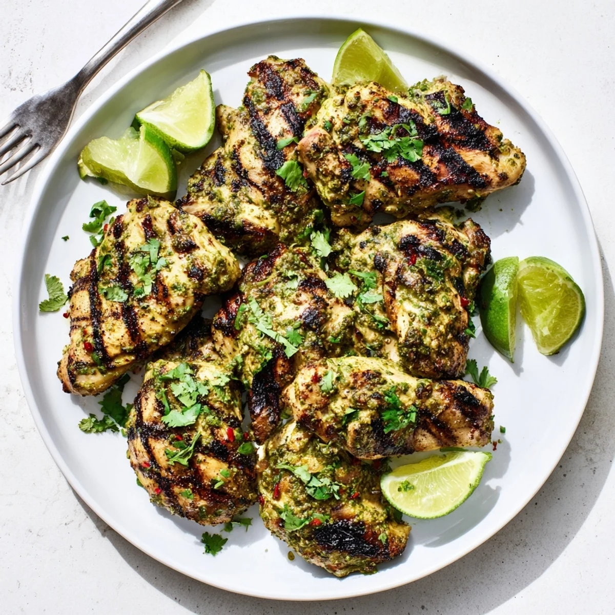 Plate of juicy marinated chicken thighs garnished with fresh cilantro sprigs and lime wedges