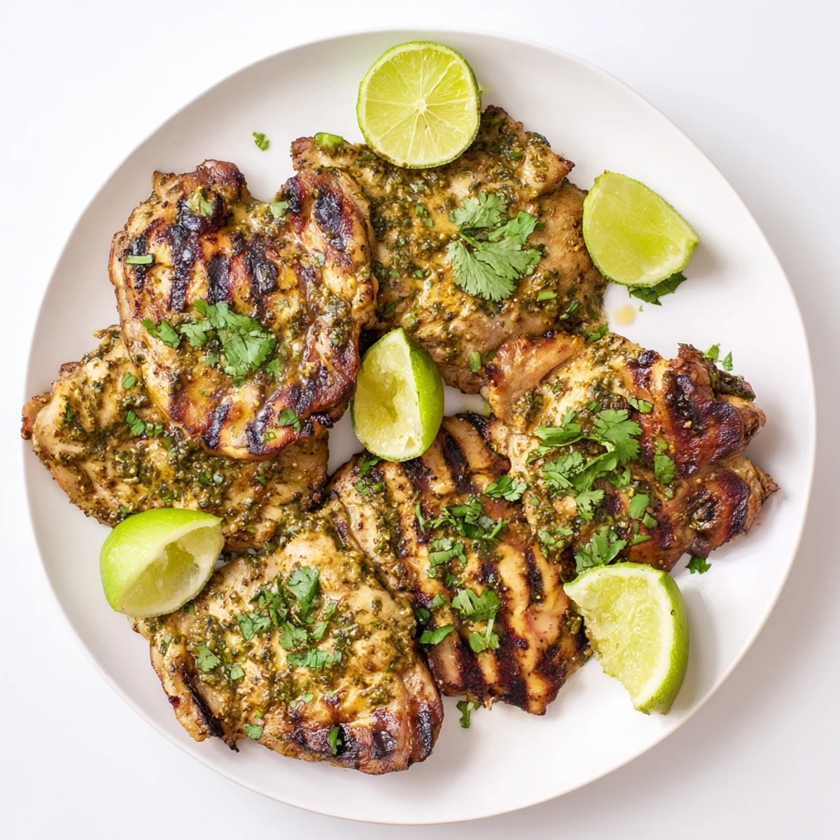 Golden grilled cilantro lime chicken thighs with charred edges and vibrant green herb marinade