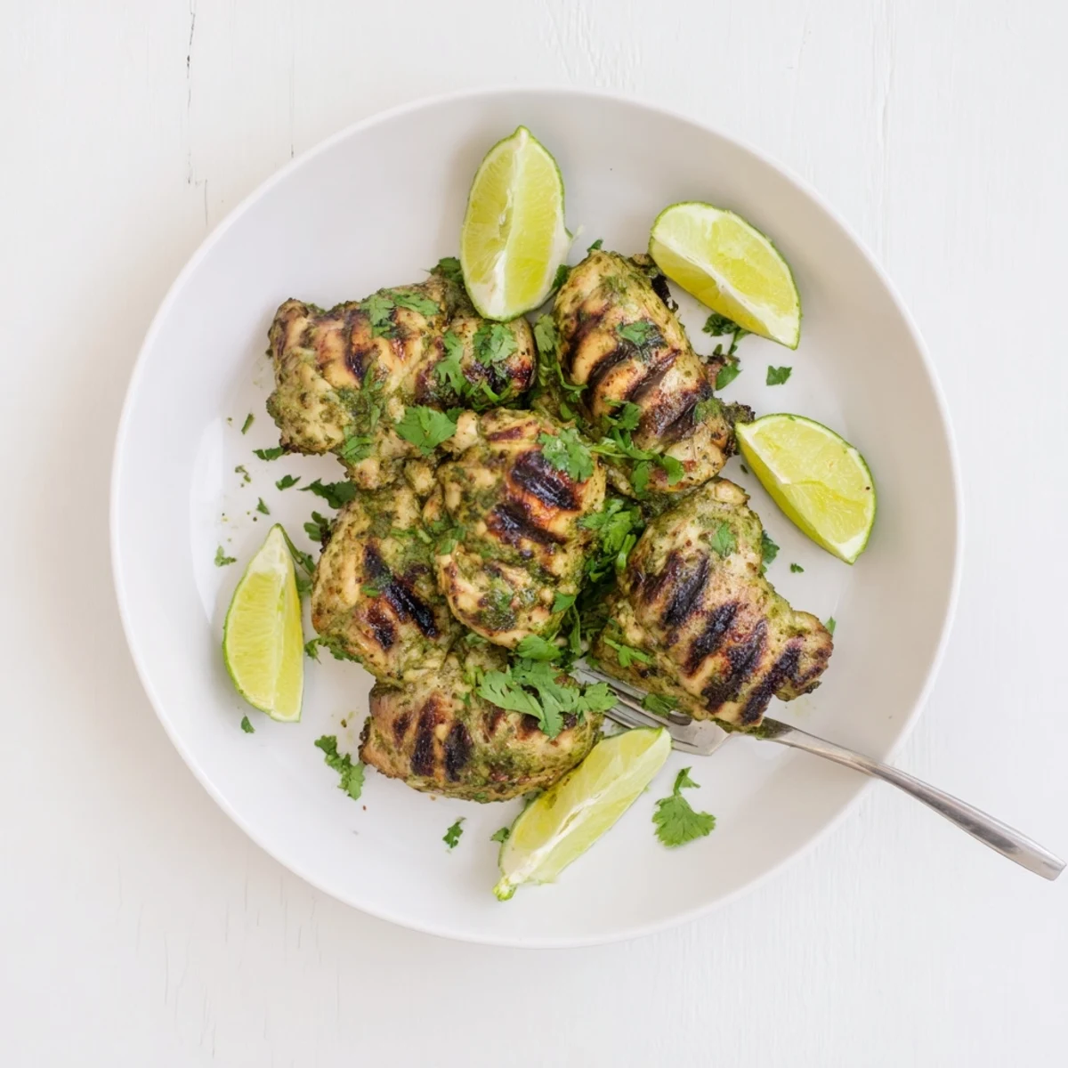 Perfectly grilled chicken thighs displaying dark char marks from the barbecue with zesty citrus glaze