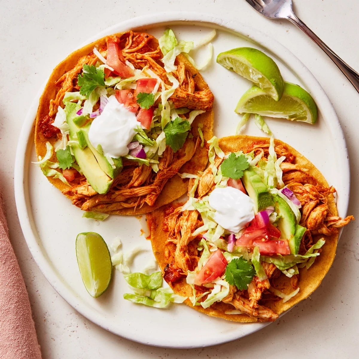 Slow cooker chicken tacos recipe featuring tender shredded Mexican-spiced meat piled in warm tortillas with fresh toppings