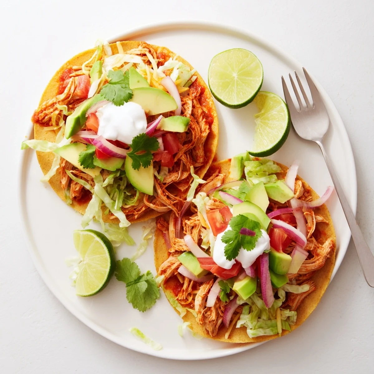 Golden shredded chicken tacos slow-cooked with aromatic spices served with colorful garnishes on a platter