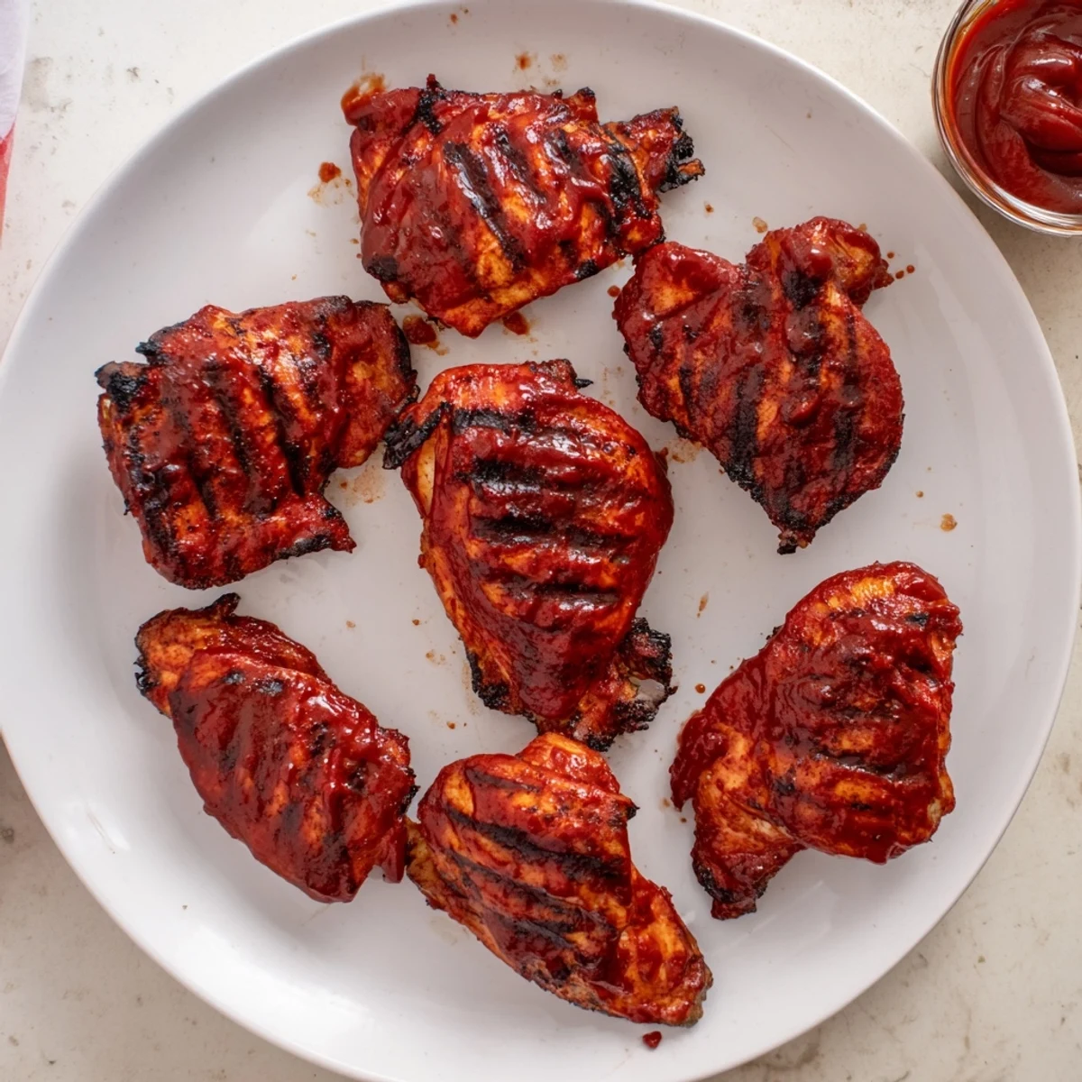 Tender juicy BBQ chicken thighs recipe resting on a platter with rich caramelized barbecue glaze and charred edges