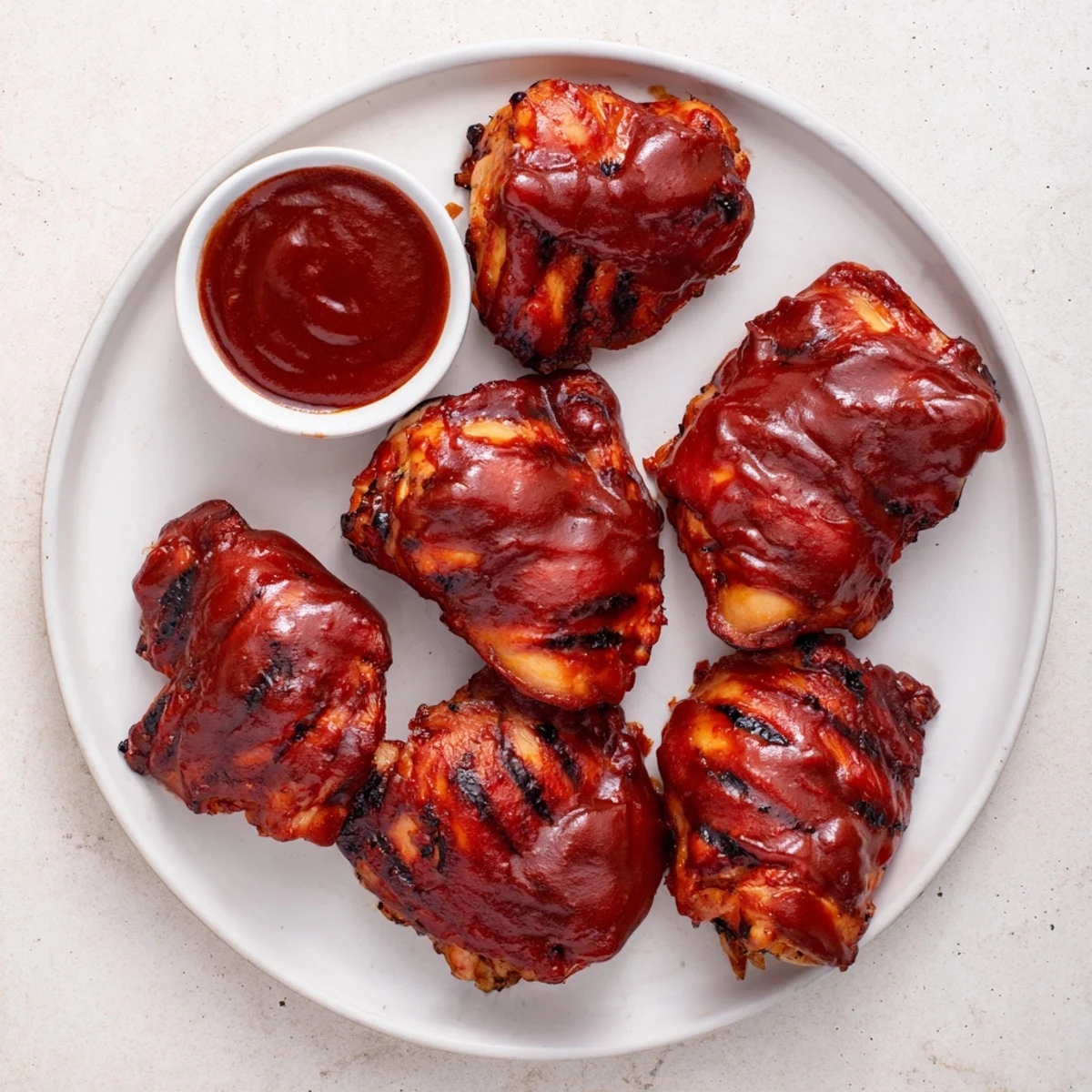 Mouthwatering BBQ chicken thighs recipe arranged on a serving board, showcasing bone-in pieces coated in tangy sweet sauce