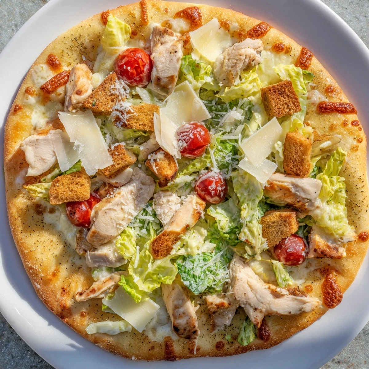 Sliced homemade chicken Caesar salad pizza featuring bubbling cheese, dressed greens, and Parmesan shavings
