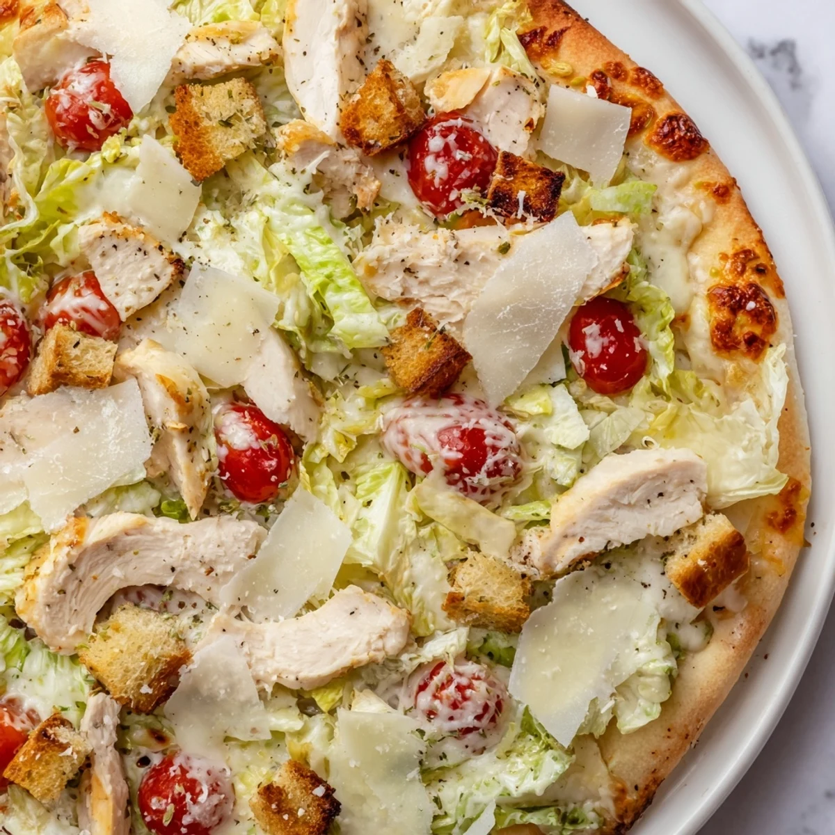 Golden chicken Caesar salad pizza with crispy crust, melted mozzarella, and fresh romaine lettuce topping