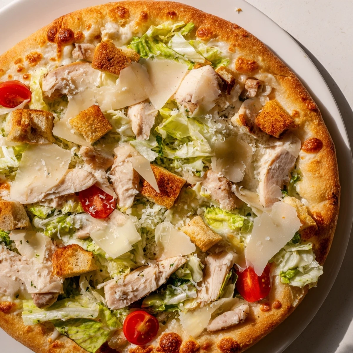 Fusion chicken Caesar salad pizza with juicy chicken breast, crunchy croutons, and creamy Caesar dressing